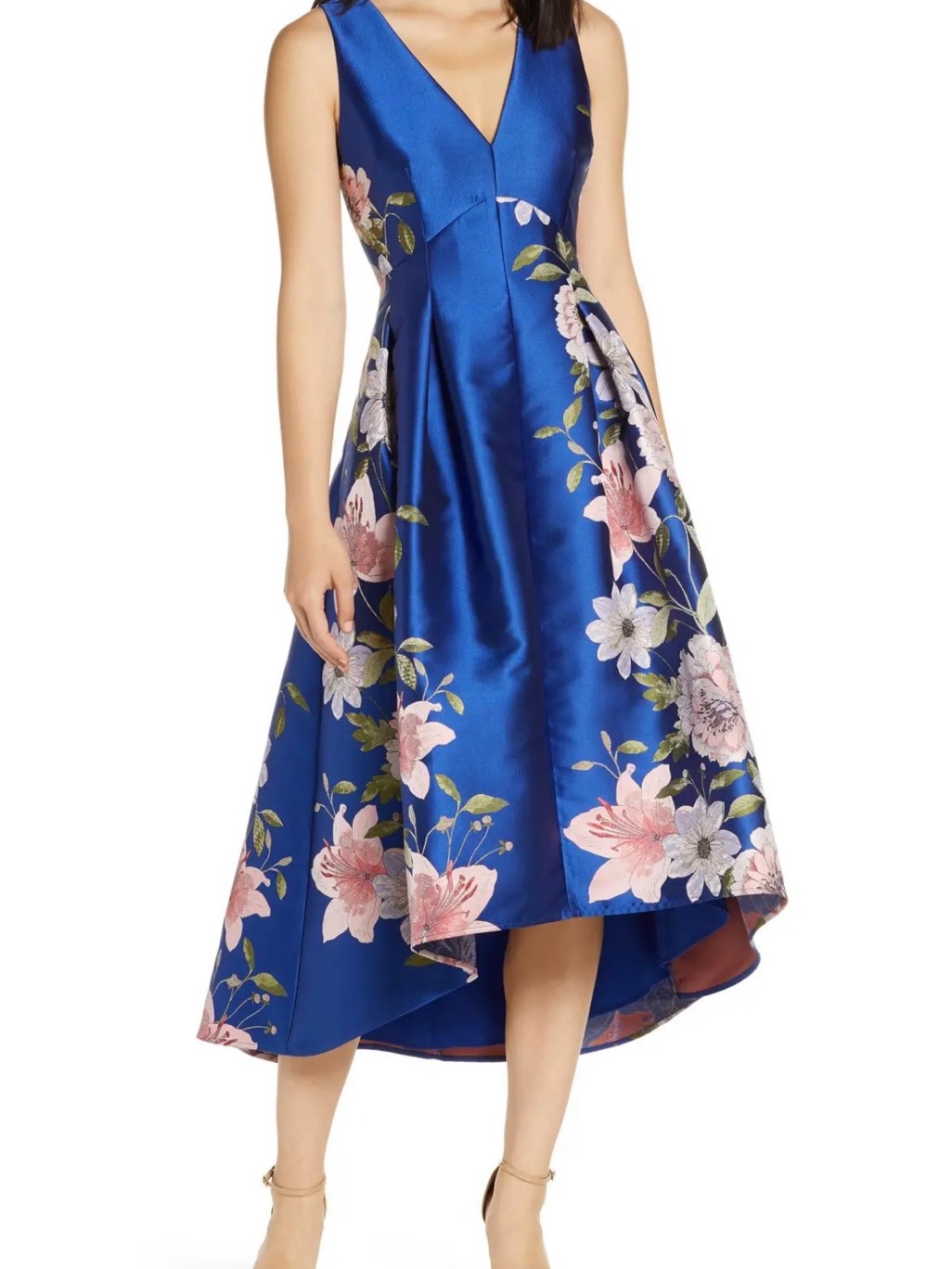 Eliza J Cobalt Blue Floral V-Neck High-Low Dress